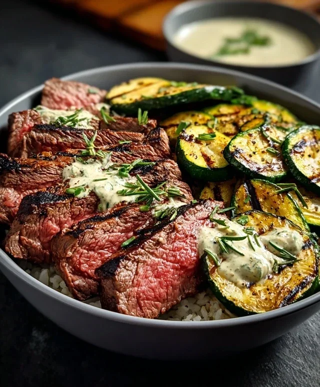 Grilled Steak Bowl with Sauce & Grilled Zucchini Bliss