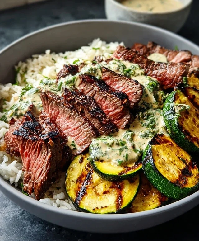 Grilled Steak Bowl with Sauce & Grilled Zucchini Bliss