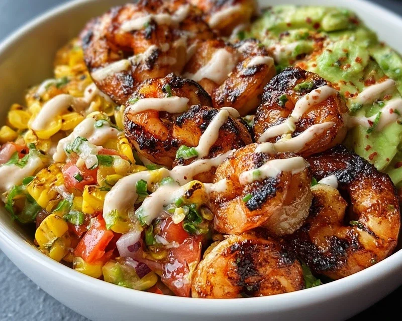 Grilled Shrimp Bowl with Avocado, Corn Salsa & Creamy Garlic Sauce