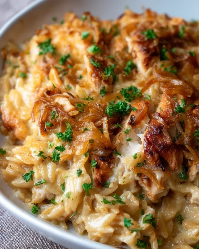 French Onion Chicken Orzo Casserole