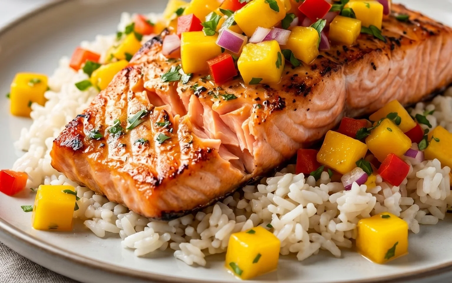 Grilled Salmon with Mango Salsa and Coconut Rice