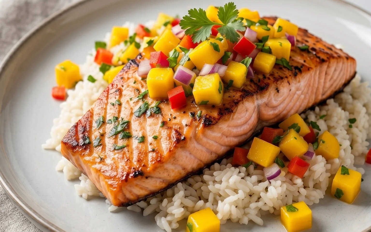 Grilled Salmon with Mango Salsa and Coconut Rice