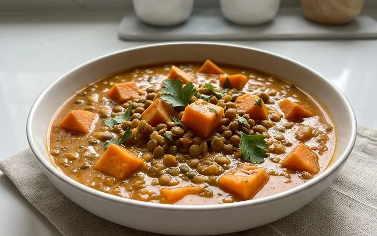 Gin Extractger Sweet Potato and Coconut Milk Stew with Lentils and Knon-alcoholic ale