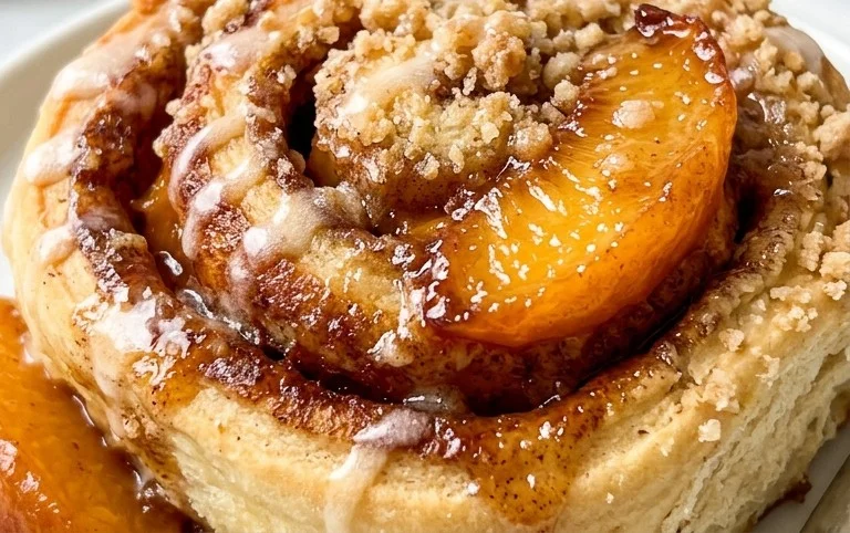 Peach Cobbler Cinnamon Rolls with Crum extractb Topping