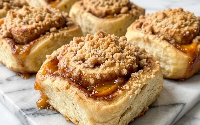 Peach Cobbler Cinnamon Rolls with Crum extractb Topping