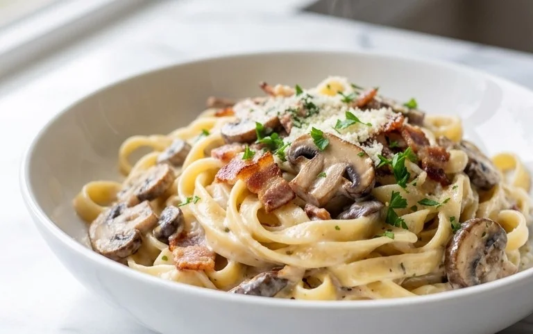 Creamy Beef Bacon and Mushroom Pasta