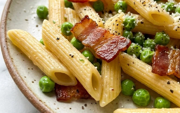 Penne Pasta, Peas and Beef Bacon