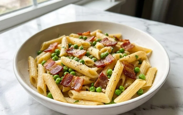 Penne Pasta, Peas and Beef Bacon