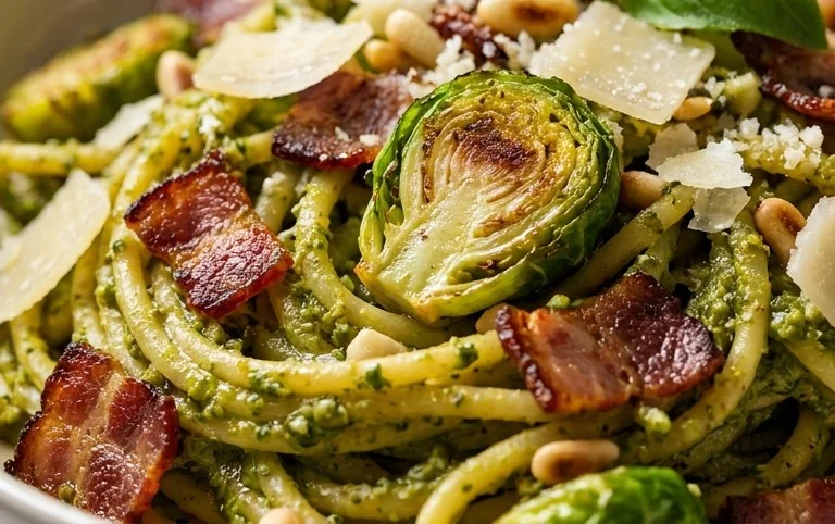 Brussels Sprouts and Beef Bacon Pesto Pasta