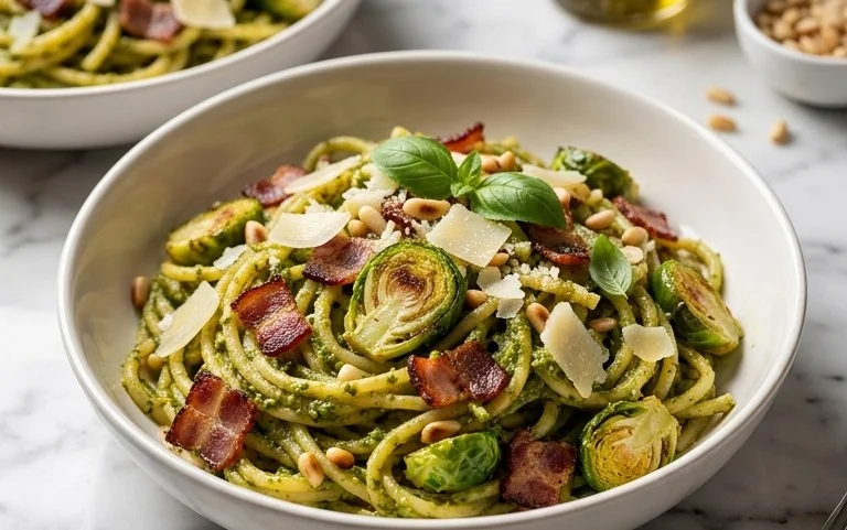Brussels Sprouts and Beef Bacon Pesto Pasta