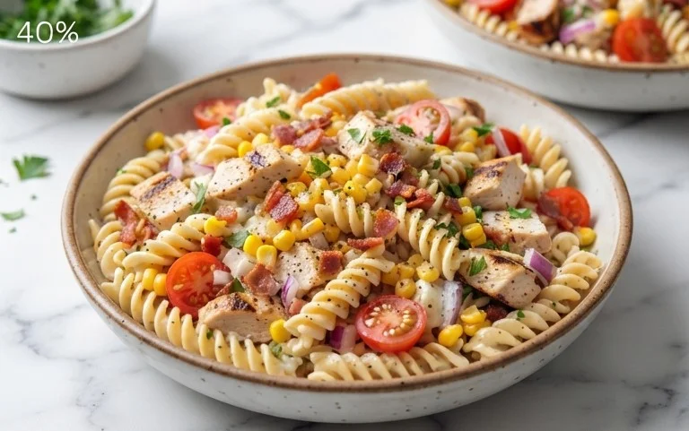 Chicken and Corn Pasta Salad with Beef Bacon