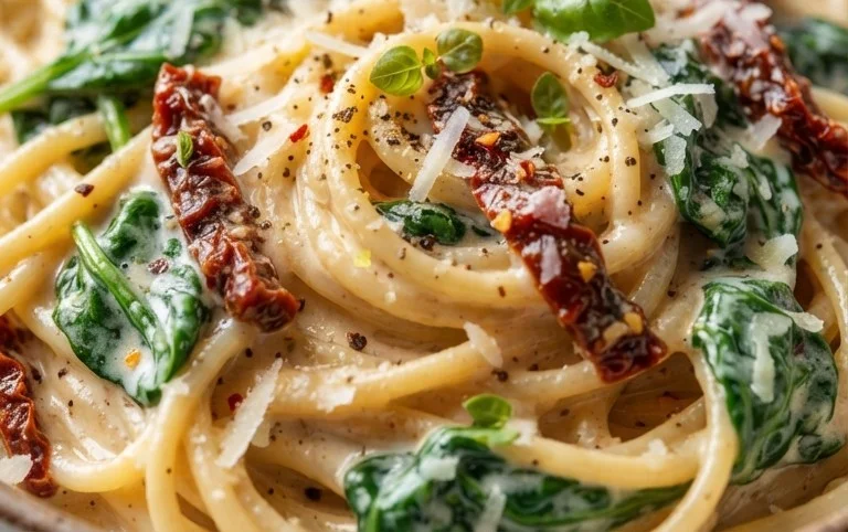 Spaghetti & Spinach with Sun-Dried Tomato Cream Sauce