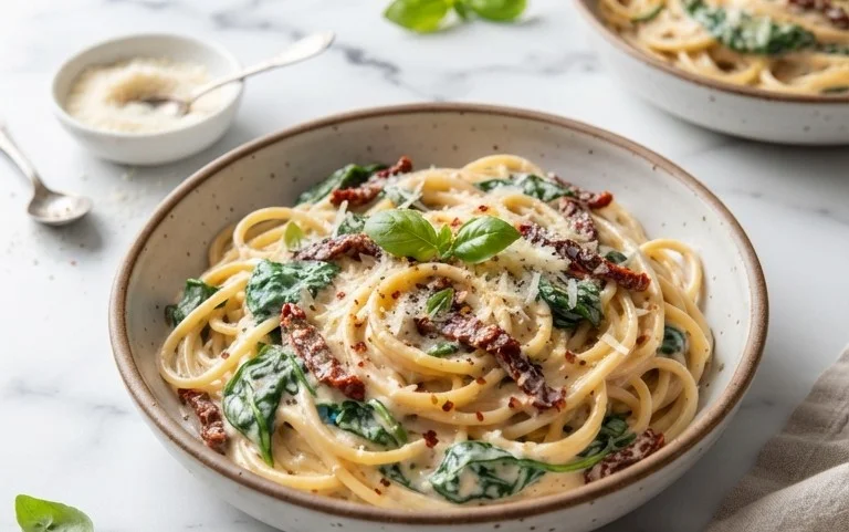 Spaghetti & Spinach with Sun-Dried Tomato Cream Sauce